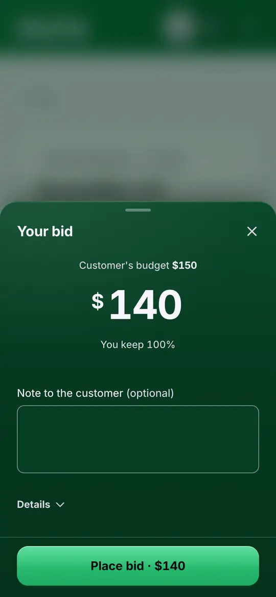 A worker's bid box: the customer's budget, $150; their price, $140; “You keep 100%”; and a Place bid button.