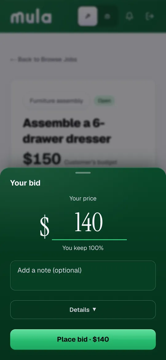 A worker's bid box: their price, $140, “You keep 100%”, and a Place bid button.