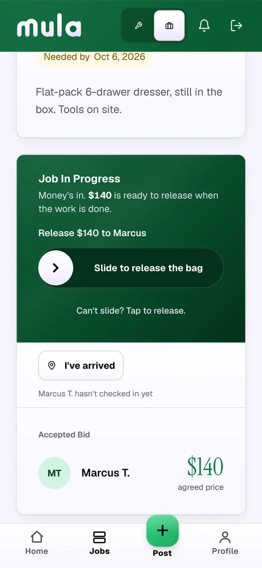 The customer's job page: “Money's in. $140 is ready to release when the work is done.”