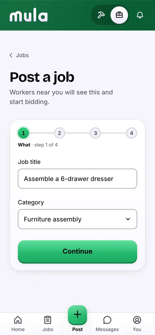 Mula's post-a-job form: job title “Assemble a 6-drawer dresser”, category Furniture assembly.