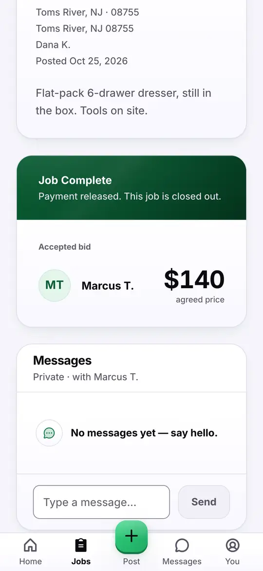 The customer's job page: “Job Complete. Payment released.” Accepted bid, $140.