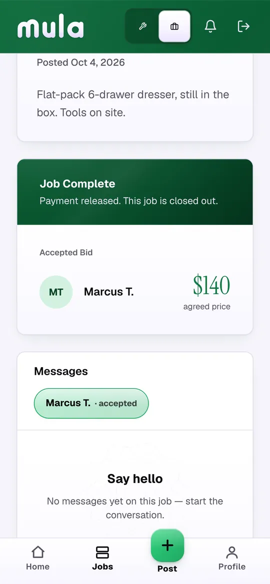 The customer's job page: “Job Complete. Payment released.” Accepted bid, $140.