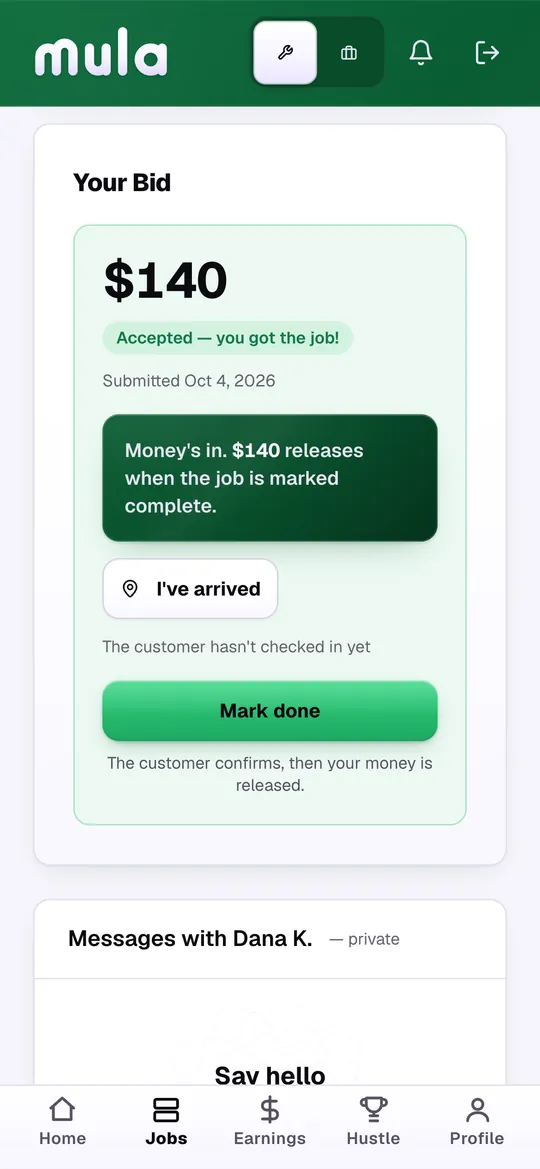 A worker's accepted bid: $140, “Money's in”, an I've arrived button and a Mark done button.